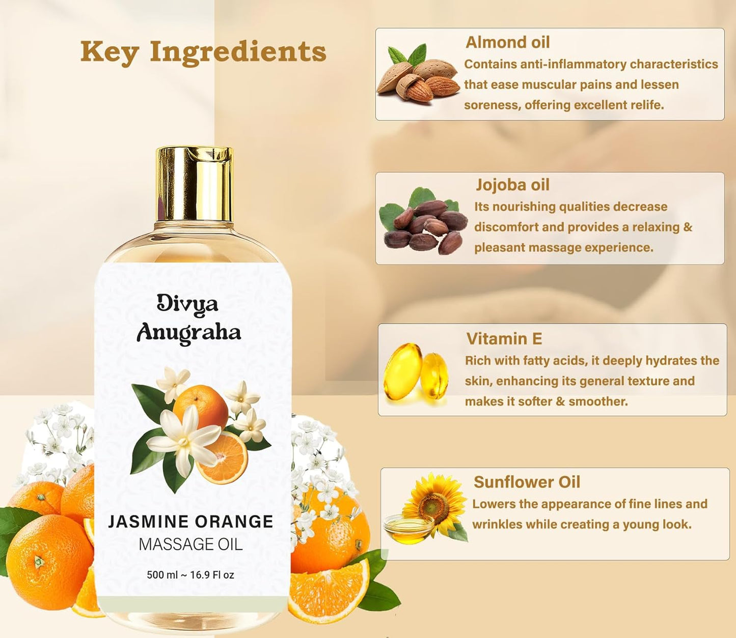 Jasmine Orange Body Massage Oil For Full Body Massager For Pain Relief Calming Moisturizer For Dry Skin Face (500 ml)