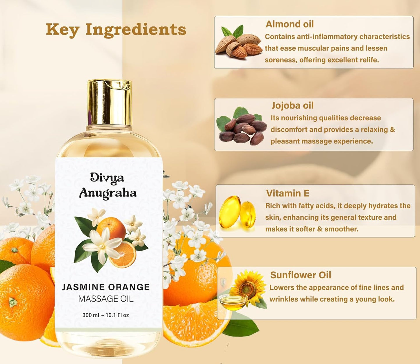 Jasmine Orange Body Massage Oil For Full Body Massager For Pain Relief Calming Moisturizer For Dry Skin Face Body Oil After Bath For Daily Use (300 ml)